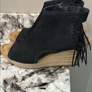 Black Fringe Wedge Sandals